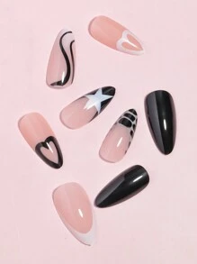VV MEI JIA ER 96片（心形/星形/波浪形/法式混合4种设计）中号杏仁形美甲贴纸，ABS材质，自然贴合，带粘性，可重复使用，美甲贴纸，适合作为送给女性和女孩的礼物，UV涂层亮面假指甲，12种尺寸，包含1卷胶带和1把指甲锉，美甲用品。 - 黑與白 - 查看 4