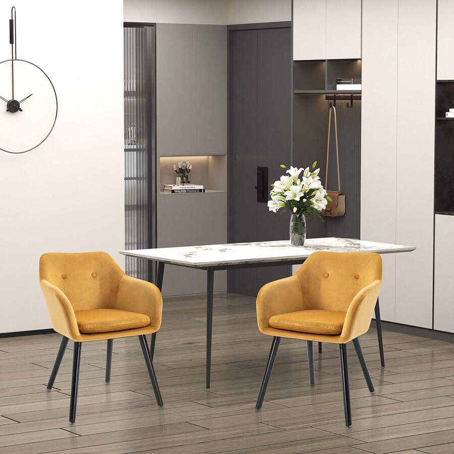 HOMCOM Chaises de Salle à manger Chaises de Visiteur scandinave - Lot de 2 - Pieds effilés Bois Noir - Velours Jaune Moutarde