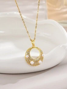 1條時尚珠寶填充圓圈和珍珠吊墜的女士不鏽鋼項鍊,適用於日常穿著 - 金色 - 查看 3