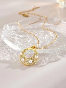 1條時尚珠寶填充圓圈和珍珠吊墜的女士不鏽鋼項鍊,適用於日常穿著 - 金色 - 查看 2