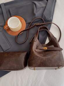 設計師卡其色女包,2023新穎復古秋冬手提袋,可肩背/斜跨/手提三用 - 咖啡棕 - 查看 3