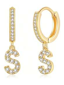 1對女士小號huggie Hoop字母耳環| Post Huggie耳環|方鋯|925純銀低過敏|女童、少女、女士禮物 - 金黃色 - 查看 13