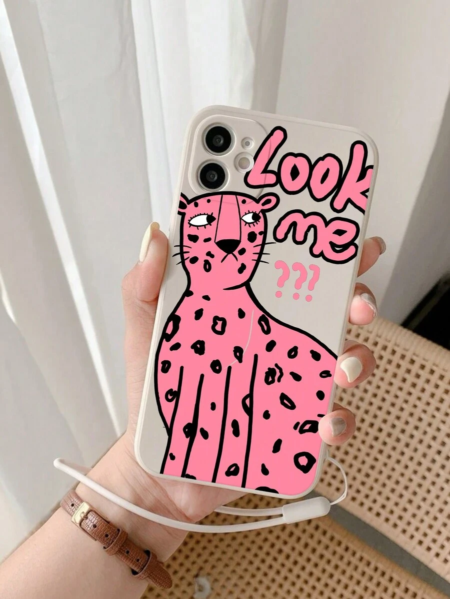 1 Pieza Funda De Teléfono Rosa Suave De Leopardo Con Correa Compatible Con Iphone, Cubierta De Protección Contra Impactos - Rosa - Ver 1