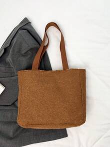 1入女童實色毛絨拉鍊肩托包,適合秋冬季節的學校、日常使用 - 棕色 - 查看 5