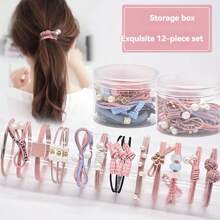 12pcs/Set Boxed Fashionable Faux Pearl Head Rope Three-In-One Hair Tie, Elastic Hair Tie, Mori Style Hair Accessory - Multicolor - View 1