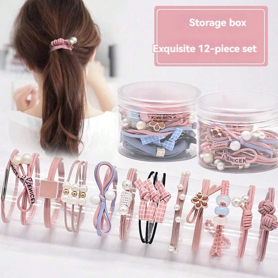 12pcs/Set Boxed Fashionable Faux Pearl Head Rope Three-In-One Hair Tie, Elastic Hair Tie, Mori Style Hair Accessory - Multicolor - View 1