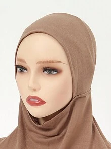 1入女士純色頭套基礎帽，簡約百搭頭巾，高彈頸暖頭套，集成小帽 - 卡其色 - 查看 4