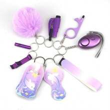 10入組女性時尚自衛個人警報鑰匙扣,內含玻璃碎裂器、斷路器、開瓶器、收納袋和鑰匙扣套裝,適合作為生日禮物,附有鬧鐘、毛絨鑰匙扣和旅行樽鑰匙扣等配件 - 紫色 - 查看 5