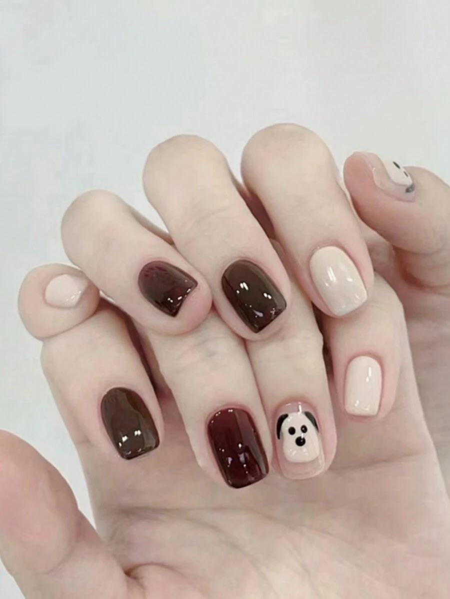 24入組可愛鬆短方形設計巧克力棕色漸層指甲貼片(秋冬款),包括1支果凍膠和1個指甲文件 - 巧克力棕 - 查看 1