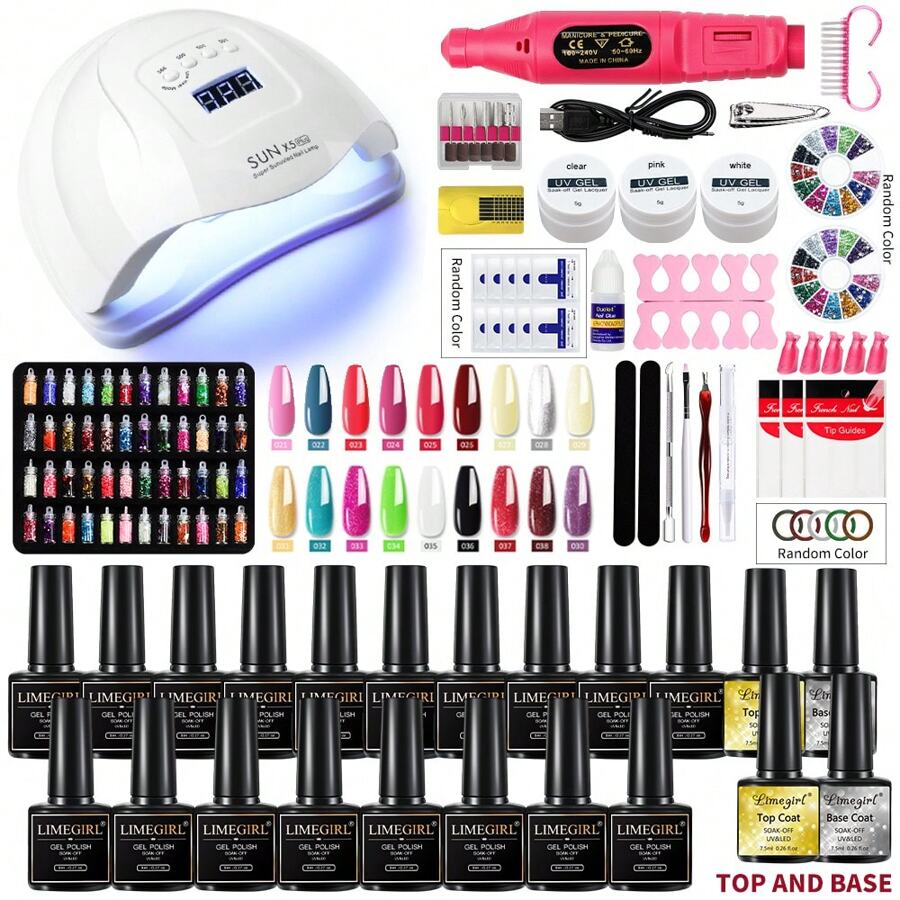 指甲套裝丙烯酸指甲套裝,配有led指甲燈烤箱uv凝膠指甲油套裝,美甲工具套裝,置頂底座指甲鑽機 - 粉色 - 查看 1