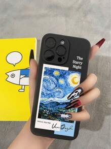 1pc Creative Oil Painting Soft Phone Case, Compatible With Iphone/ / Honor/ / Poco - Black - View 4