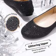 Girls Rhinestone Studded Slip On Ballet Casual Flats Dress Shoes Slip On Ballerina Flats Toddler/ Little Girl) - 黑色 - 查看 3