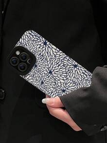 1pc Blue Flower Patterned Pu Leather Shockproof Colorful Painting Phone Case Compatible With IPhone - Multicolor - View 2