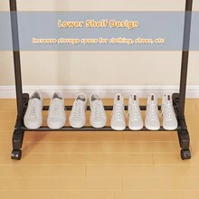 單桿落地衣架帶輪子,pp不銹鋼收納架,用於浴室,白色/黑色 - 黑色 - 查看 5