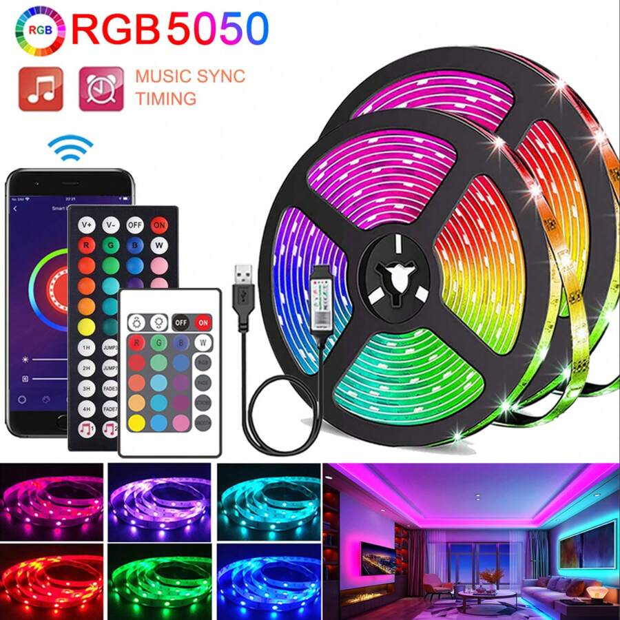 5050 RGB LED燈帶音樂同步彩色變換不防水RGB LED燈帶遙控應用程式控制LED燈帶，適用於房間家居廚房裝飾派對室外燈光仙女燈