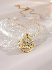 1pc Elegant Full Rhinestone Spotted Leopard Pendant Ladies Stainless Steel Necklace For Daily Wear - Gold - View 3