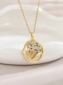 1pc Elegant Full Rhinestone Spotted Leopard Pendant Ladies Stainless Steel Necklace For Daily Wear - Gold - View 2