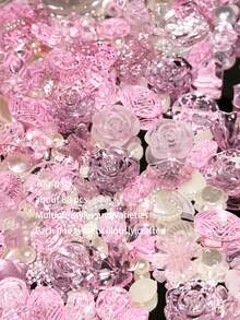 一袋70克霧面粉紅色玫瑰冰珠，蝴蝶結，假珍珠混合手工DIY手鍊，手機殼，項鍊，珠寶，朋友手作禮物，可穿孔的多功能珠寶，並可用作框架裝飾物 - 粉紅色 - 查看 2