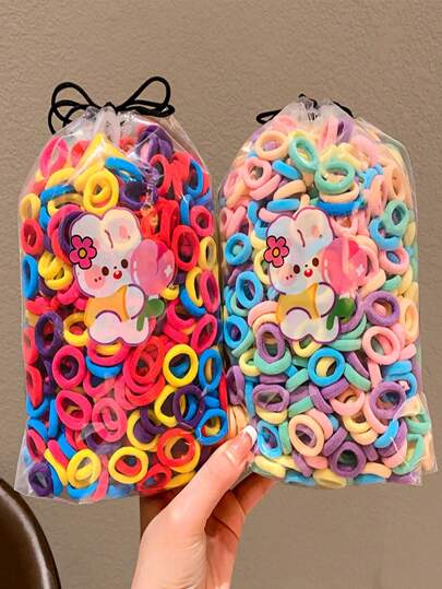 200 Pçs/Saco Misturar Cores Crianças Bonitos Desenhos Animados Elásticos de Cabelo Bebê Meninas Adoráveis Srunchies Elásticos de Borracha Acessórios de Cabelo Infantil Conjunto Bolsa Só Mostrar, Embalagem de Saco OPP