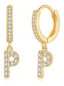 1對女士小號huggie Hoop字母耳環| Post Huggie耳環|方鋯|925純銀低過敏|女童、少女、女士禮物 - 金黃色 - 查看 11