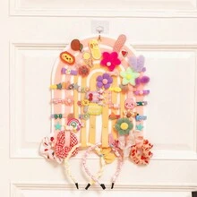 1入組彩色毛氈髮飾掛袋,彩虹設計卡通髮夾和頭帶,多功能壁掛口袋與1個掛鉤,情人節禮物 - 粉紅白色 - 查看 8