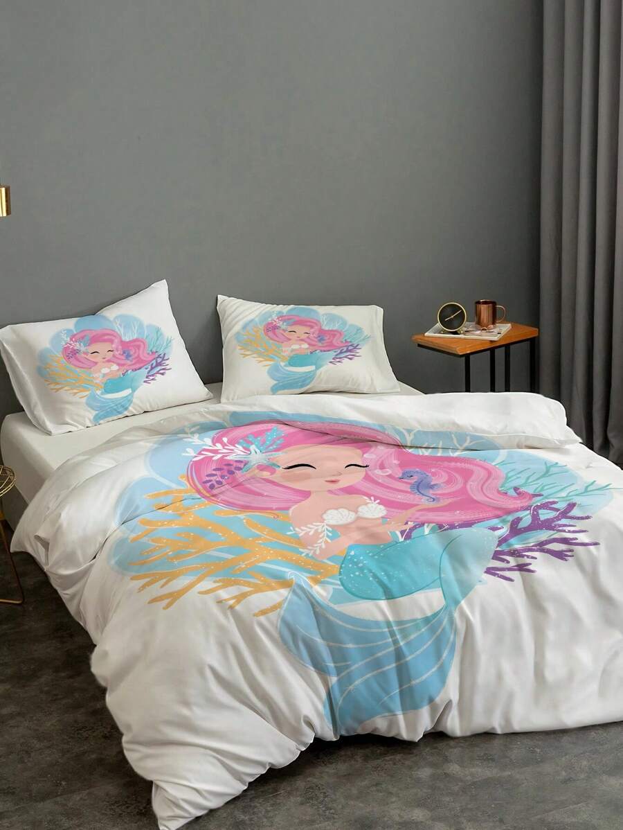 3pcs Cute Mermaid Polyester Comforter Cover Set - Soft And Cozy Pink Bedding For Bedroom And Dorm Room (1 Comforter Cover + 2 Pillowcase, Without Core) - Multicolor - View 1