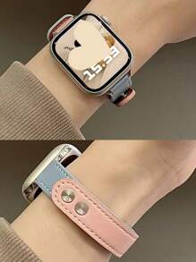 1pc Apple Watch Strap, Minimalist Multicolor Thin Slim Pure Blue & Pink Splicing Leather Watch Strap,Compatible With Apple Watch Band 9 8 Se 7 6 5 4 3 2 1 Ultra2/1, Compatible With 38mm 40mm 41mm 42mm 44/45mm,Cute Affordable Watch Strap For Girls, Applewatch Band - Multicolor - View 10