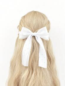 1入款白色鑽石紗綢優雅時尚蝴蝶結扣短吻鱷魚夾，可當頭飾或禮物送給朋友、女友，適用於日常、街拍和度假，四季皆宜 - 白色 - 查看 1