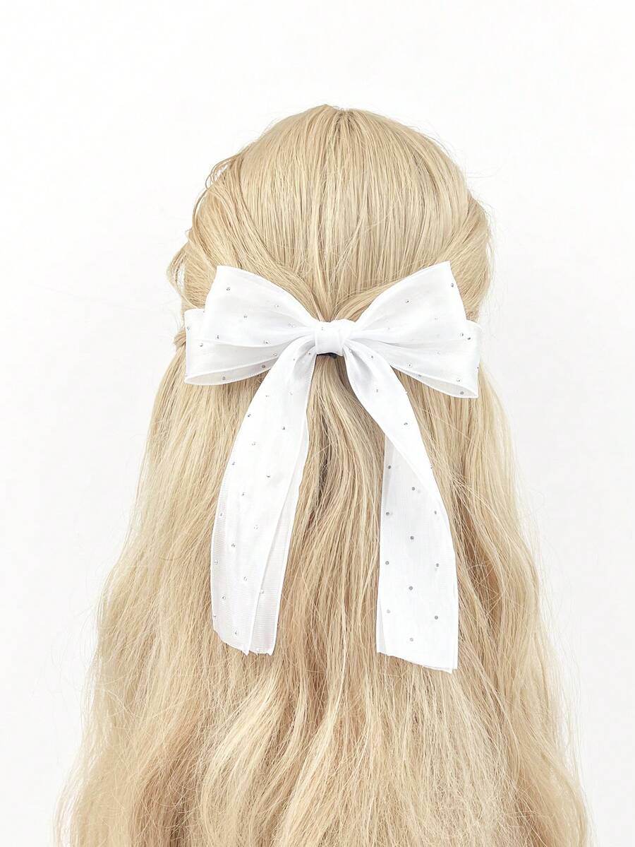 1入款白色鑽石紗綢優雅時尚蝴蝶結扣短吻鱷魚夾，可當頭飾或禮物送給朋友、女友，適用於日常、街拍和度假，四季皆宜 - 白色 - 查看 1