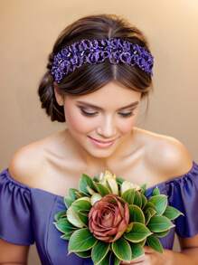 1入紫色水晶花卉風格女士頭箍,簡約風格適合日常穿搭 - 紫色 - 查看 4