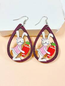 1pair Easter Wooden Tear Drop Shape Animal Cut-Out Earrings With Cartoon Flowers, Colored Easter Eggs, Carrot Patterned Apron, And Printed Rabbit Design Earrings. A Festive Seasonal Gift For Girlfriend To Be Worn In Parties And Street Activities. - Multicolor - View 14