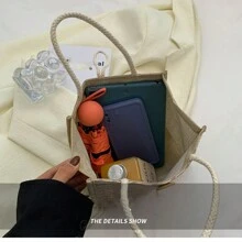 带坚固手柄的粗麻布手提袋、可重复使用的婚礼礼品袋、日常用品、迷你手提包、拉链帆布包、便携式双手柄手提包、午餐礼品袋、沙滩包、带手柄纽扣的单肩手提包（纽扣的颜色和缝纫方法是随机的） - 彩色 - 查看 7