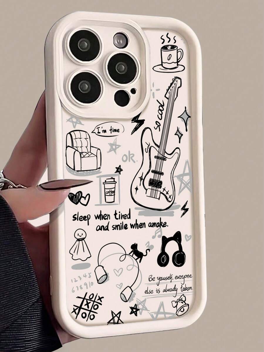 Apple 1pc Black & Grey Doodle Guitar Patterned Phone Case Grunge - White - View 1