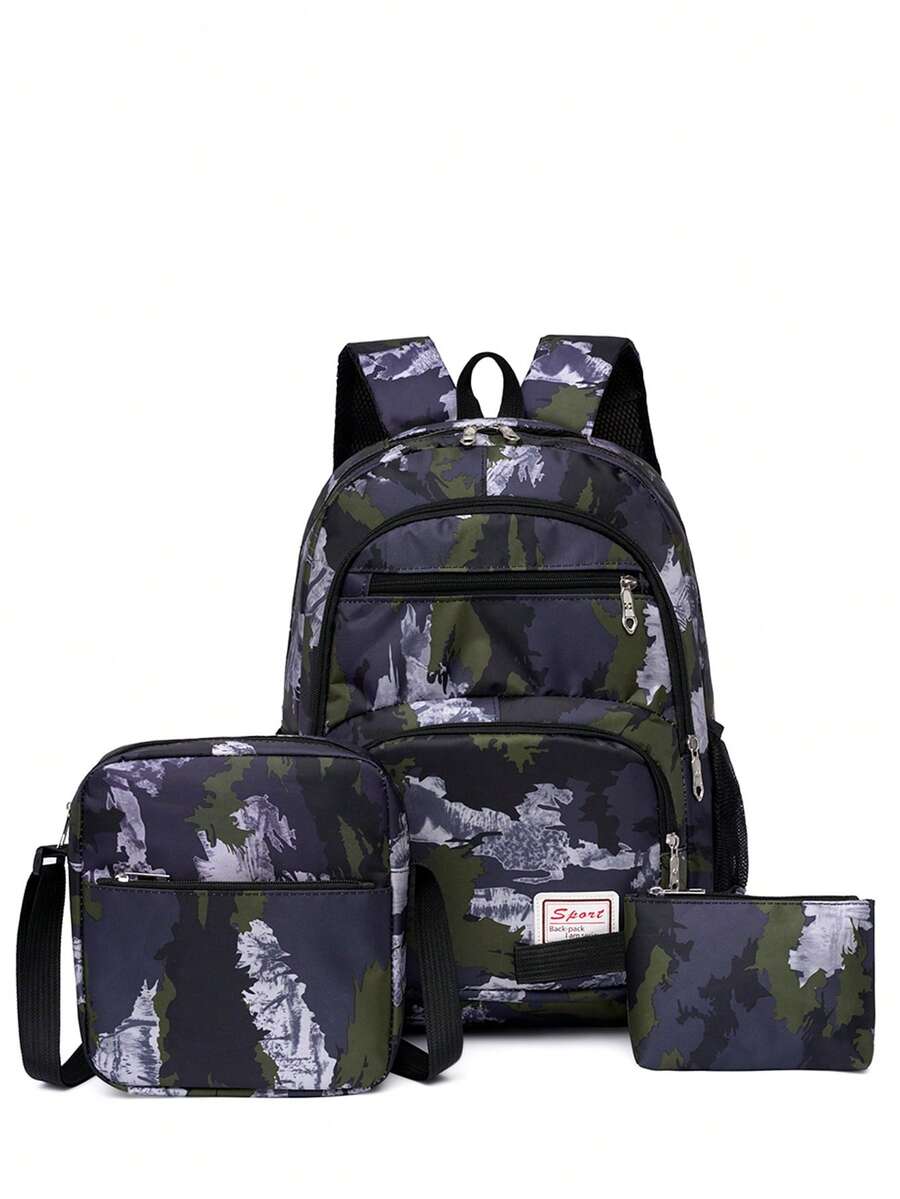3PCS Large-Capacity College-Style Fashionable Backpacks, Cross-Shoulder Bags, And Stationery Bags Suitable For School - Green - View 1