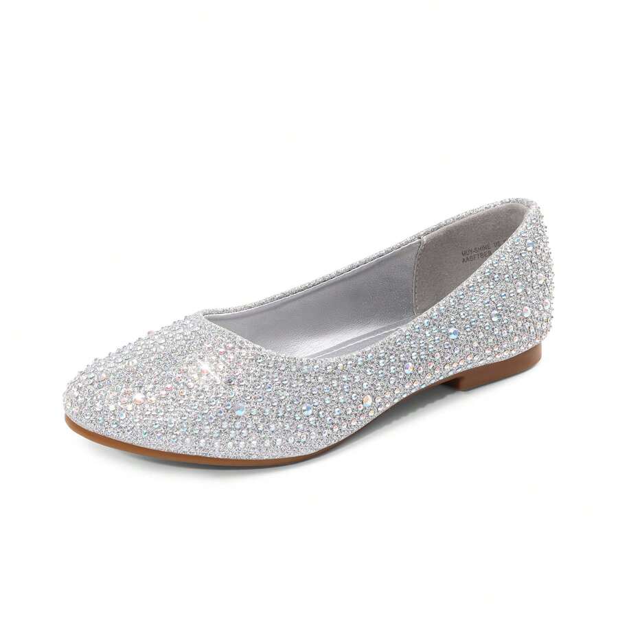 Girls Rhinestone Studded Slip On Ballet Casual Flats Dress Shoes Slip On Ballerina Flats Toddler/ Little Girl) - 銀色 - 查看 1