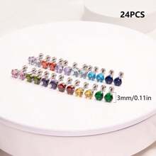 PMKMKM 12 Pairs/Set Simple Stainless Steel Four Claw Setting Colored Earrings - Silver - View 12