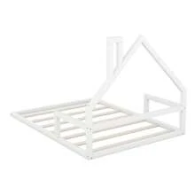 Full Size Wood Floor Bed With House-Shaped Headboard, White - White - View 2