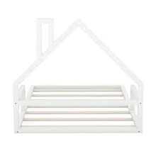 Full Size Wood Floor Bed With House-Shaped Headboard, White - White - View 3