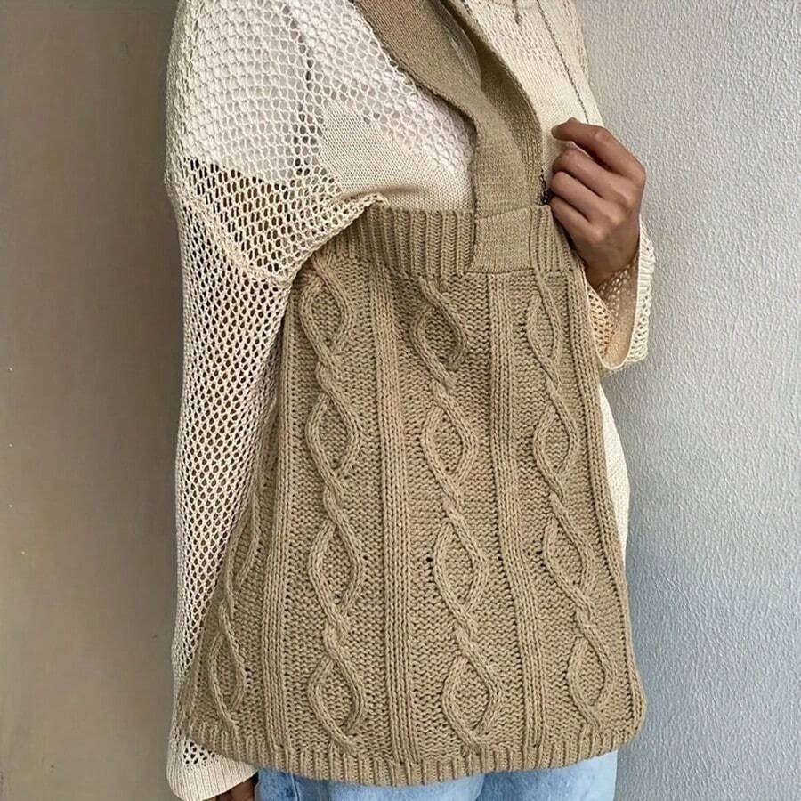 Vacation Style Knitted Large Capacity Tote Bag With Shoulder Strap - Camel - View 1