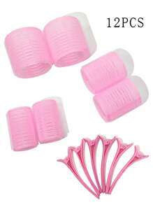 12 件发卷蓬松卷空气刘海卷自粘发卷钩环免费烫发多尺寸发夹鸭唇托盘夹单线针唇夹适用于理发店、情人节情侣礼物发饰工具、美发工具 - 粉色 - 查看 10