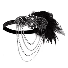 1pc Women's 1980s Vintage Rhinestone Fringe Headband With Chain & Feather Decor For Festival Party Costume Makeup Dance Hair Accessory - Black - View 1
