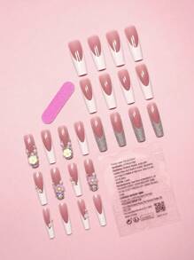 Sanrio 24入組超長方形白色法式實色閃粉紫多色3D花鑲鑽裝飾優雅全覆蓋式假指甲套裝，適用於新年舞會，瞬間提升你的形象 - 彩色 - 查看 5
