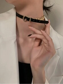 1入雙用皮革女士項鍊,ins風格,時尚短領,獨特設計,輕奢風 - 黑色 - 查看 6