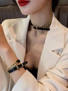 1入雙用皮革女士項鍊,ins風格,時尚短領,獨特設計,輕奢風 - 黑色 - 查看 9