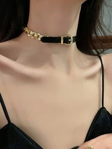 1入雙用皮革女士項鍊,ins風格,時尚短領,獨特設計,輕奢風 - 黑色 - 查看 8