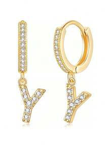 1對女士小號huggie Hoop字母耳環| Post Huggie耳環|方鋯|925純銀低過敏|女童、少女、女士禮物 - 金黃色 - 查看 12