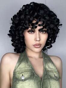 女士短卷发假发 柔软黑色大卷发假发 带刘海 非洲卷发 耐热合成假发（黑色） - 黑色 - 查看 3