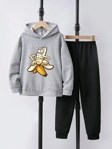 青少年男孩香蕉印花長袖連帽衫和運動長褲套裝 - 灰色 - 查看 1
