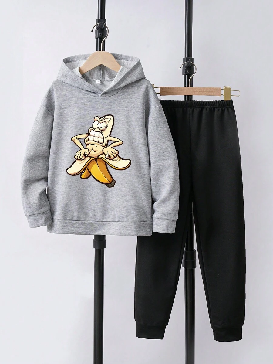 青少年男孩香蕉印花長袖連帽衫和運動長褲套裝 - 灰色 - 查看 1