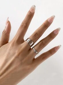 1pair Vintage Open Adjustable Butterfly & Heart Shaped Ring Set For Valentine'S Day And Daily Use - Silver - View 1